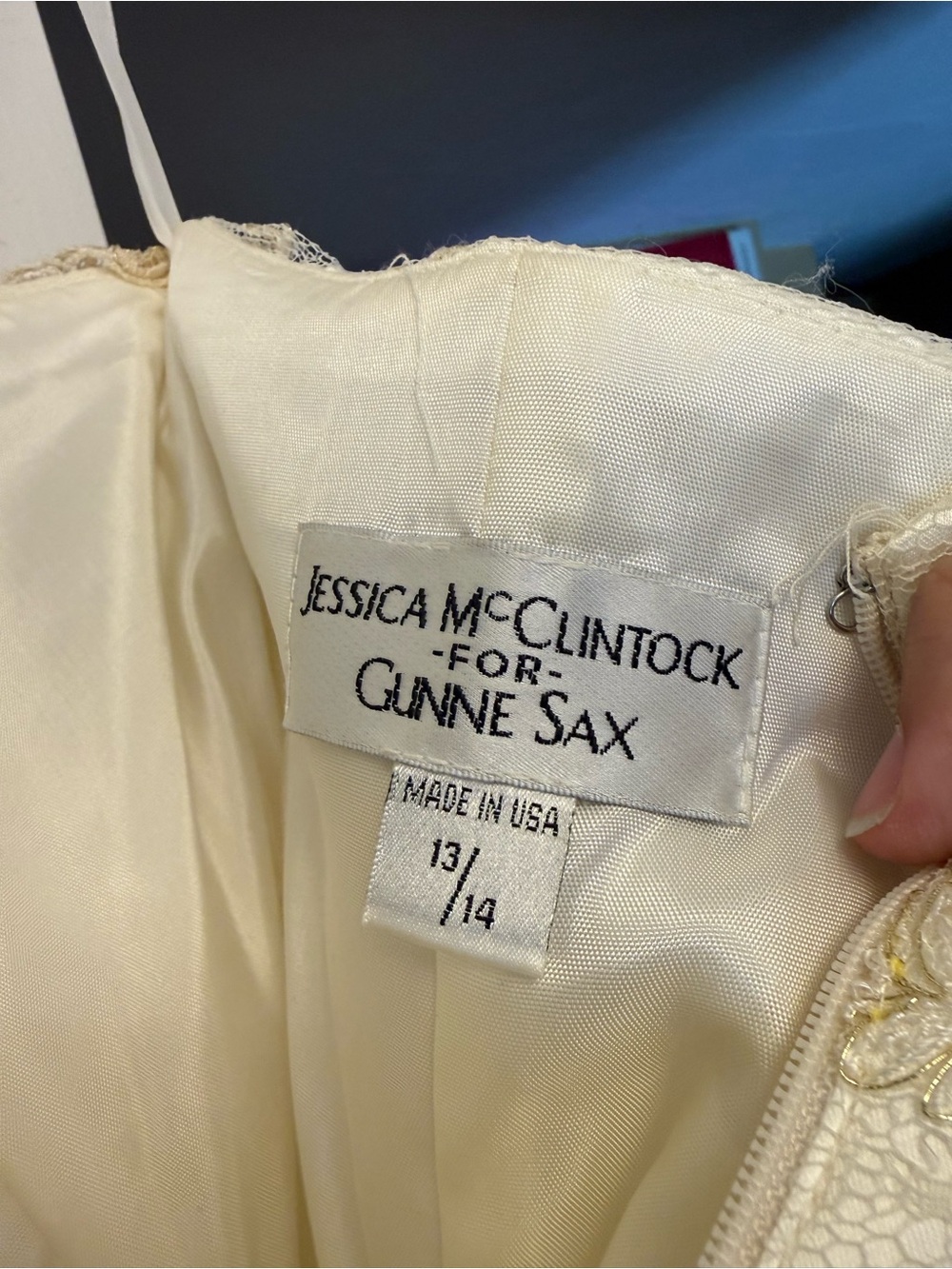 Jessica McClintock Ivory Tea Length Gown with Gold Lace Accents - Picture 2 of 8